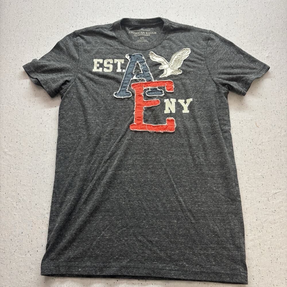American Eagle Outfitters Graphic Tee Men S Gray Distress Spellout Embroidered